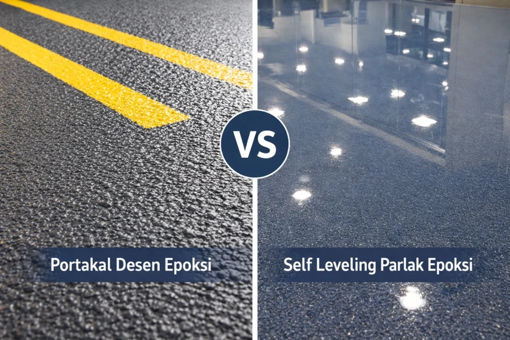 Portakal desen epoksi ile self leveling epoksi arasındaki görünüm farkını hızlıca görmek için örnek görsel.