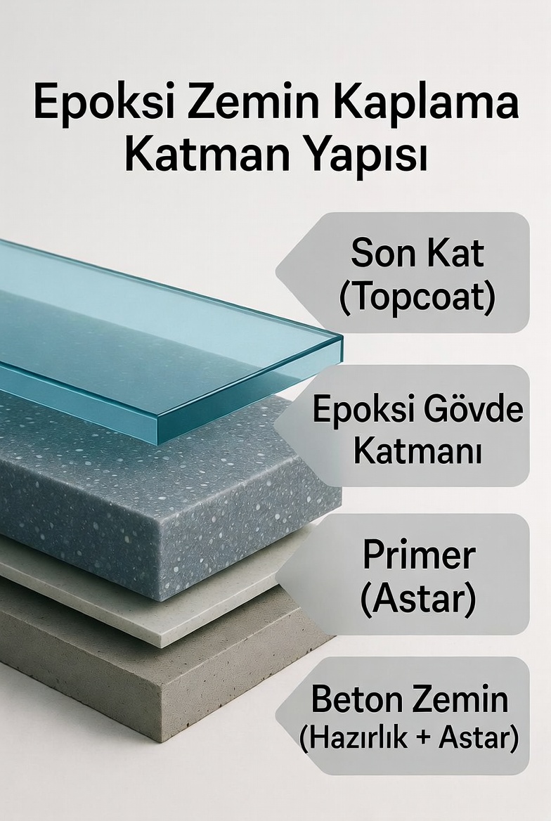 Epoksi boya katmanları ve astar uygulaması şeması