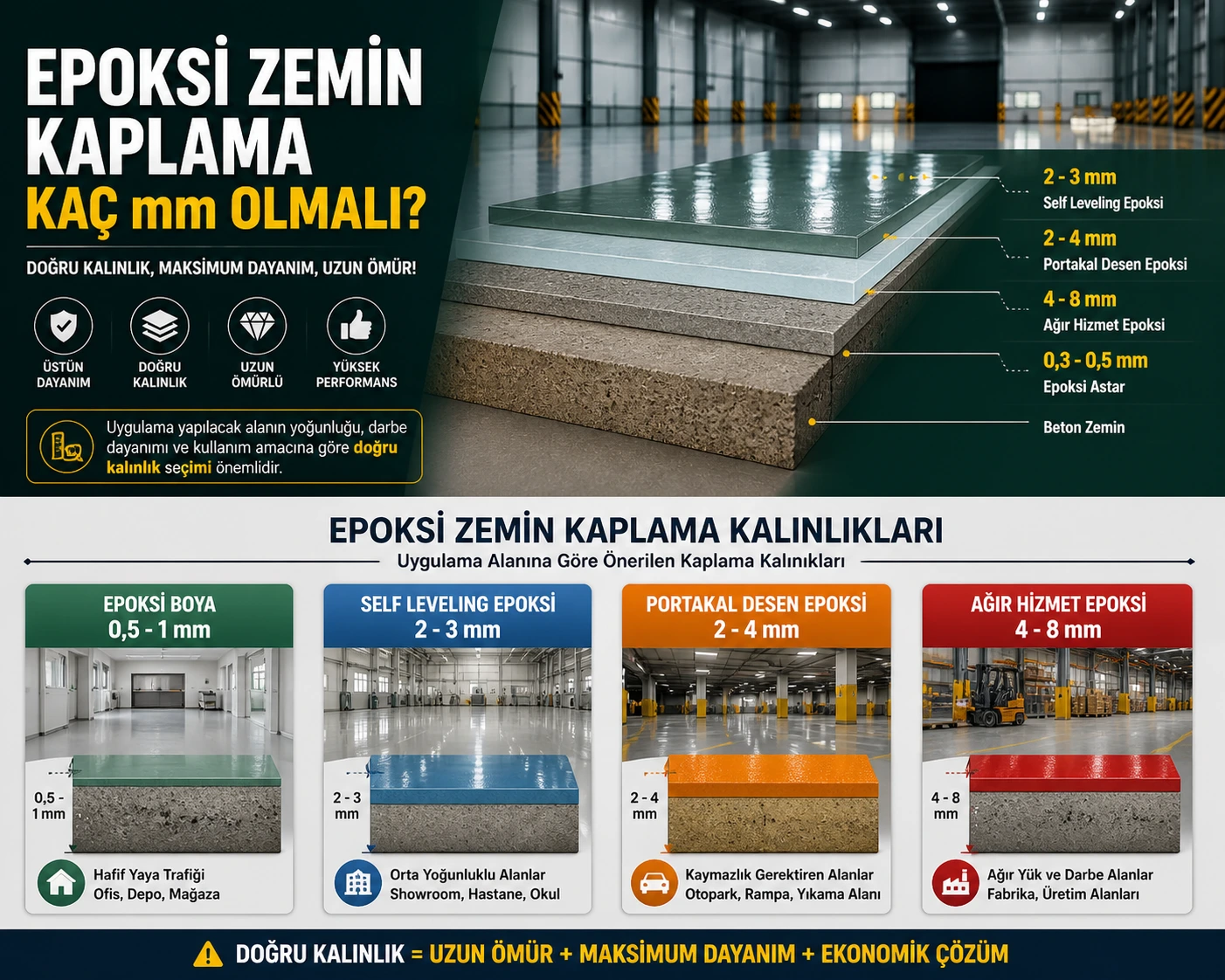 Epoksi zemin kaplama katmanlı sistem ve kalınlık rehberi Epoksi zemin kaplama katmanları ve kalınlıkları 0.5 mm ile 8 mm arası sistem karşılaştırması