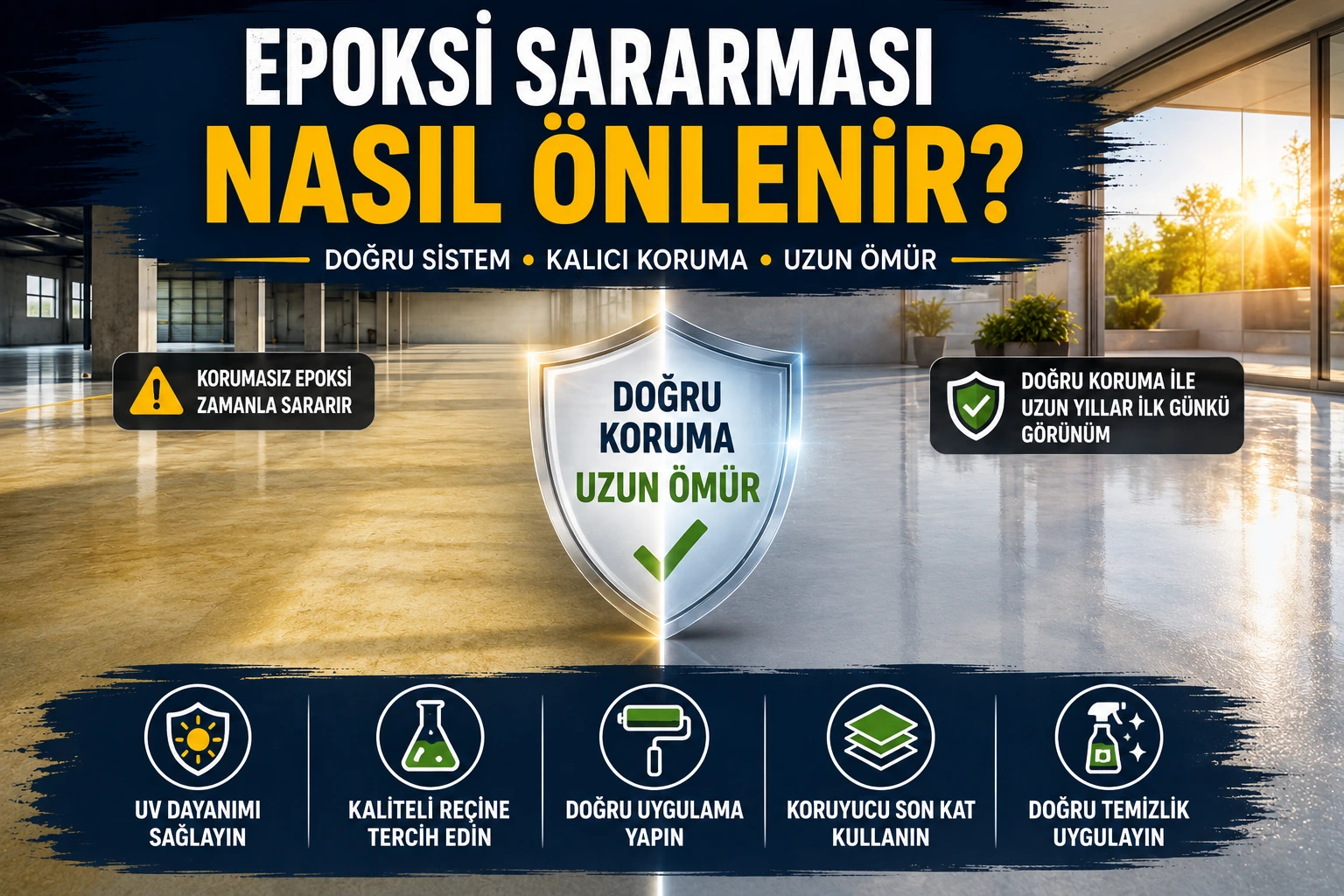 Epoksi Sararması Nasıl Önlenir? UV dayanımlı son kat, kaliteli epoksi reçinesi ve doğru uygulama ile epoksi sararmasını önleme yöntemlerini gösteren görsel.
