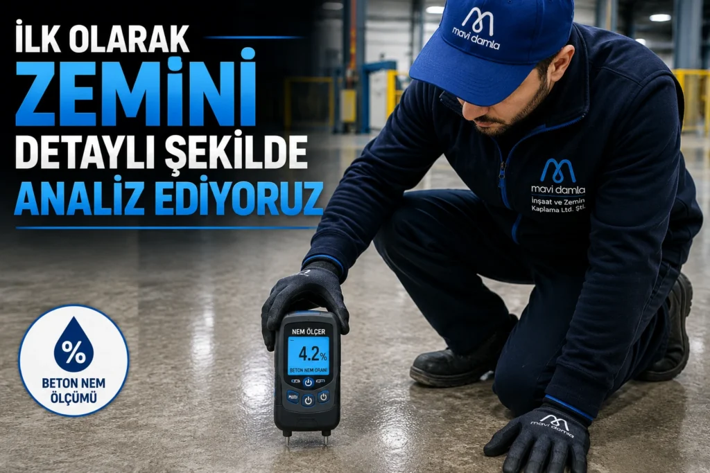 Epoksi uygulaması öncesinde beton zeminin nem oranı profesyonel cihazlarla ölçülmektedir.