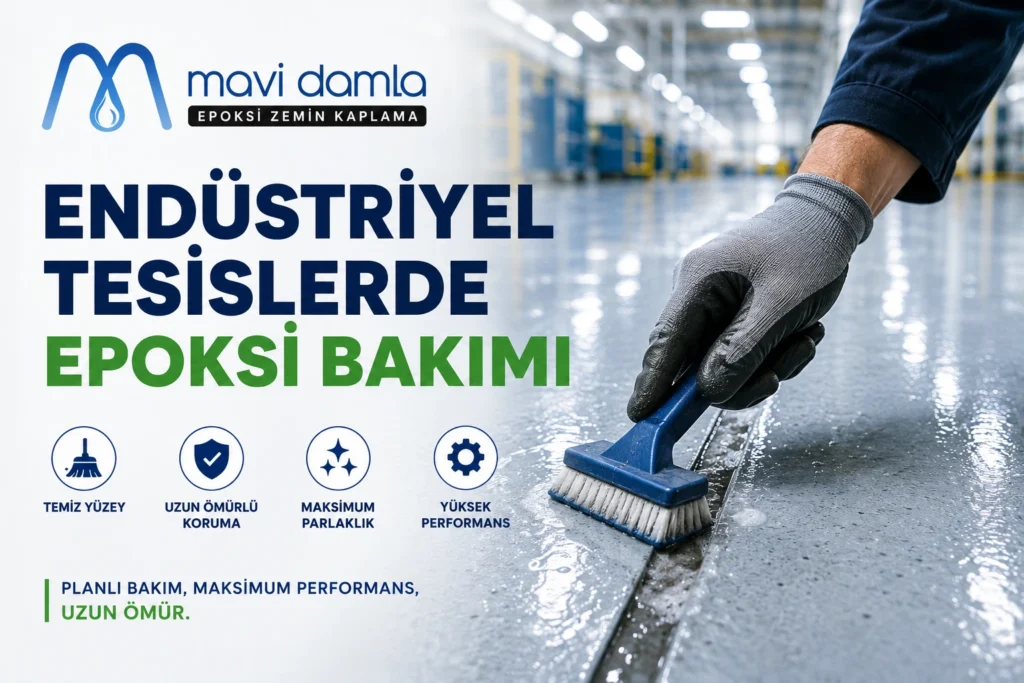 Endüstriyel tesiste epoksi zemin derzlerinin profesyonel ekip tarafından temizlenmesi ve düzenli epoksi zemin bakım uygulaması.