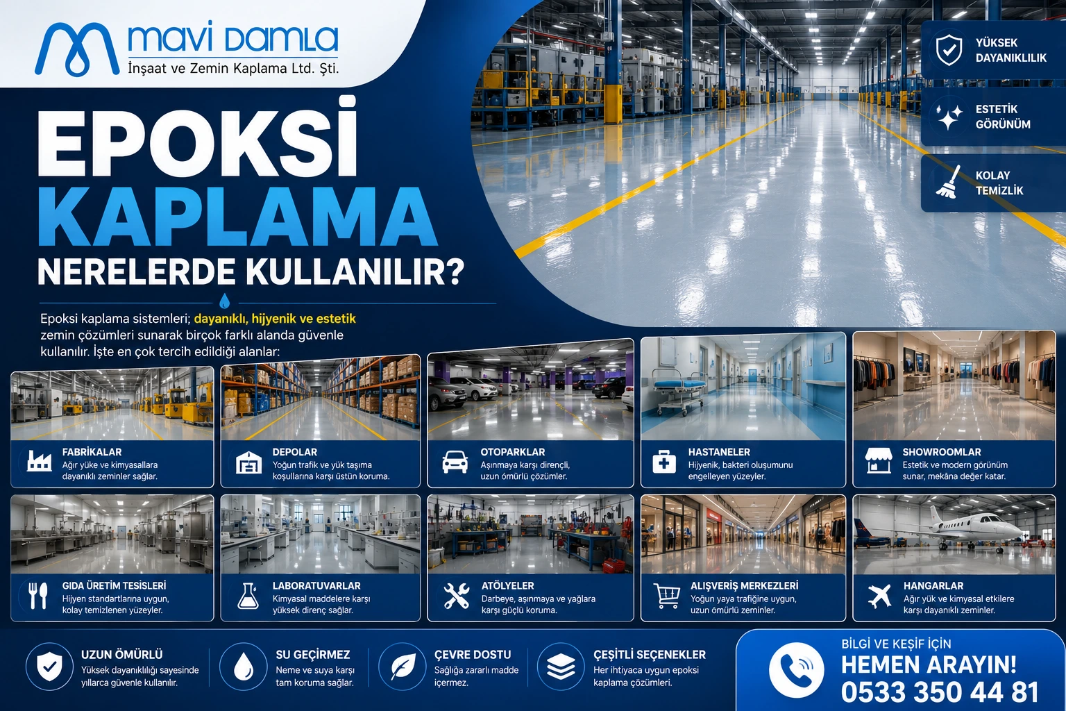 Epoksi Kaplama Nerelerde Kullanılır? Epoksi kaplama, farklı sektörlerde güvenli, hijyenik ve uzun ömürlü zemin çözümleri sunmaktadır.