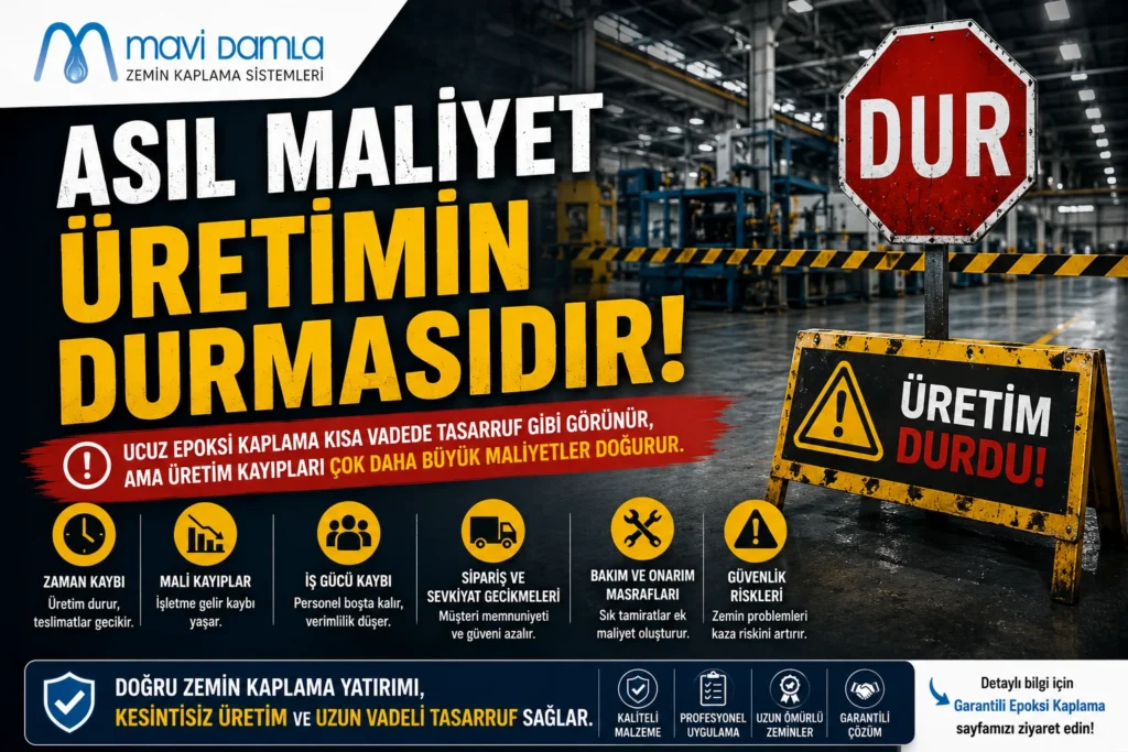 Epoksi kaplama uygulamasındaki hataların üretim duruşu, zaman kaybı ve işletme maliyetlerine etkisini gösteren fabrika zemin kaplama görseli.