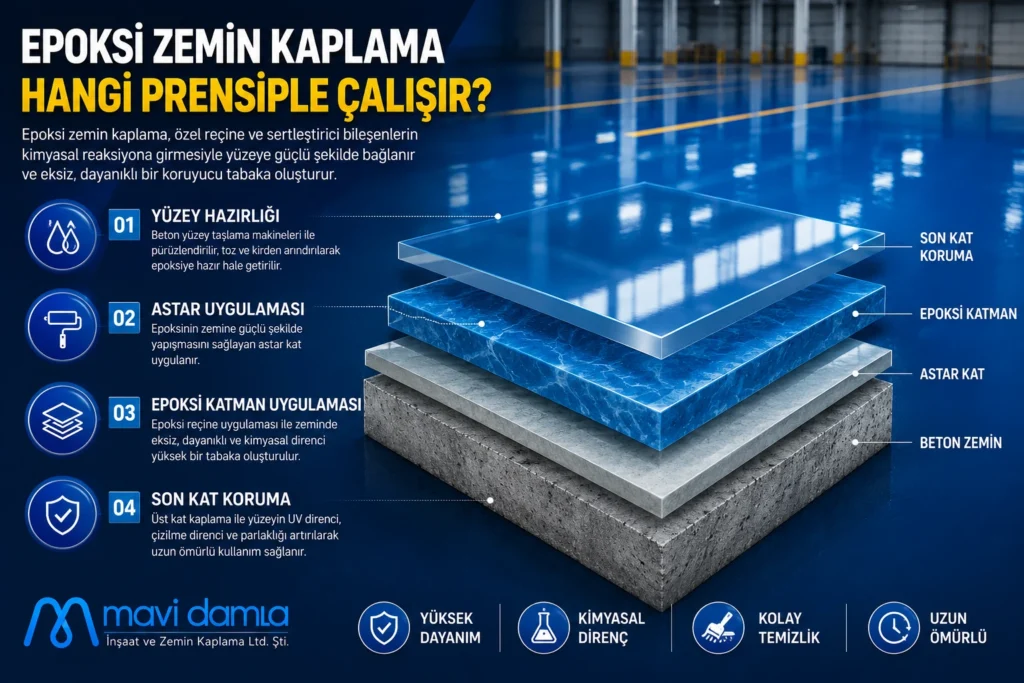 Epoksi zemin kaplama sistemi; beton, astar, epoksi katmanı ve koruyucu son katmanlardan oluşur.