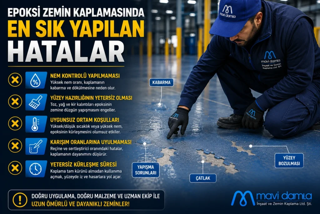 Nem kontrolü yapılmaması, yetersiz yüzey hazırlığı ve yanlış uygulama teknikleri epoksi kaplamanın ömrünü kısaltabilir.