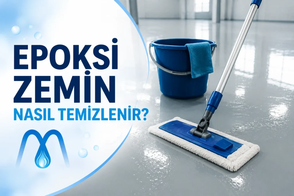Mikrofiber mop ile temizlenen parlak epoksi zemin ve Mavi Damla Zemin Kaplama Sistemleri logosu.
