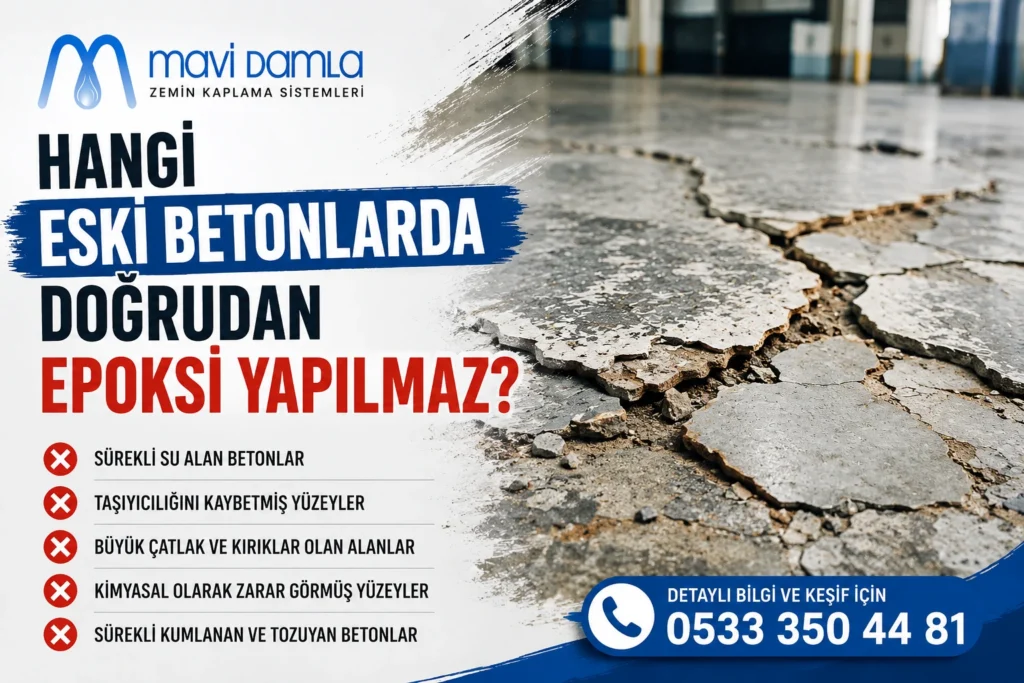 Her eski beton zemin doğrudan epoksi kaplama için uygun değildir. Kalıcı ve dayanıklı bir uygulama için önce zeminin detaylı olarak analiz edilmesi ve gerekli onarımların yapılması gerekir.