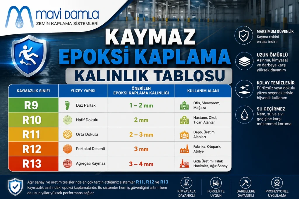 Kaymaz epoksi kaplama kalınlık tablosu. R9, R10, R11, R12 ve R13 kaymazlık sınıfları ile önerilen epoksi kaplama kalınlıkları.