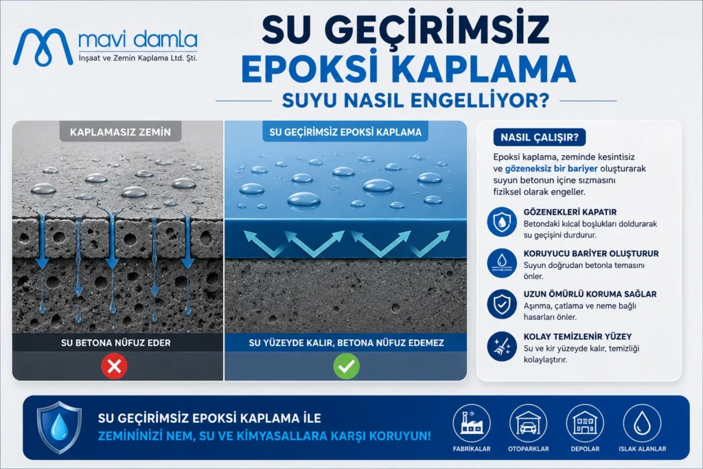 Epoksi kaplama, beton yüzey üzerinde eksiz bir bariyer oluşturarak suyun zemine ulaşmasını engeller.