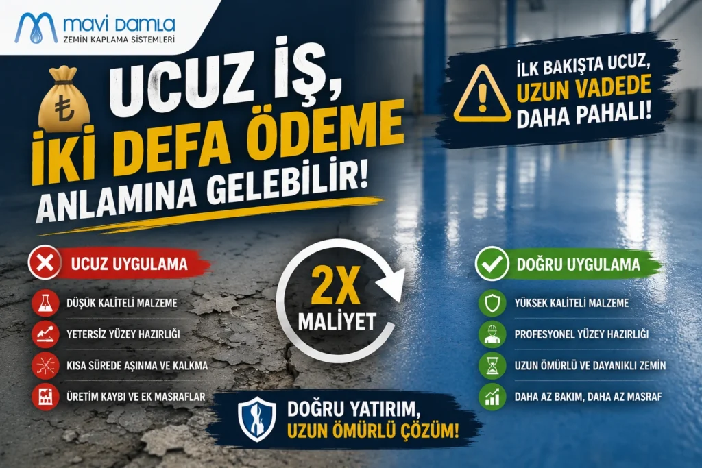 Ucuz epoksi kaplama uygulamalarında düşük kaliteli malzeme ve hatalı işçilik nedeniyle oluşan ek maliyetleri gösteren endüstriyel zemin kaplama görseli.